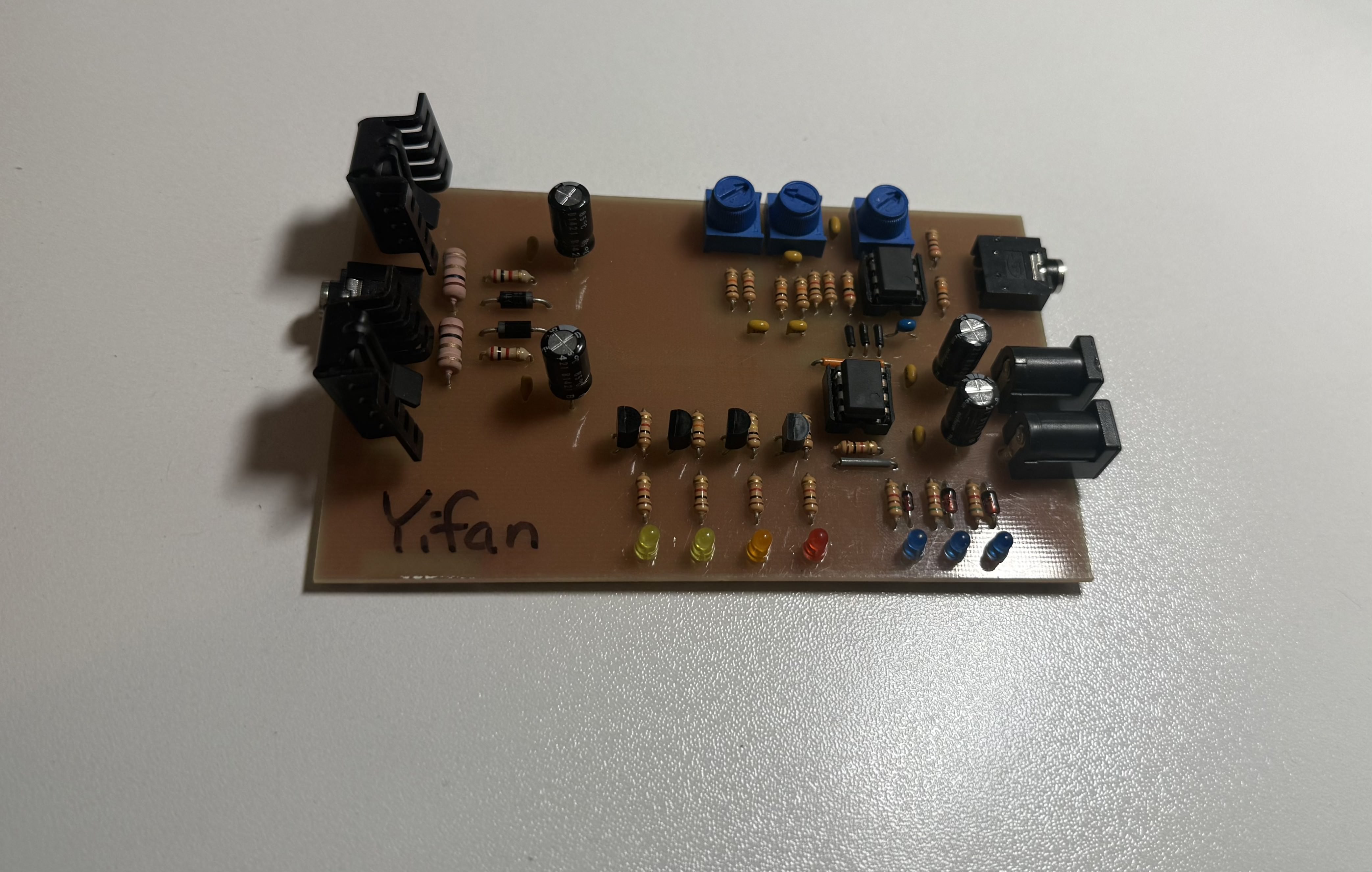 Hand-etched multi-band audio equalizer PCB with potentiometer controls