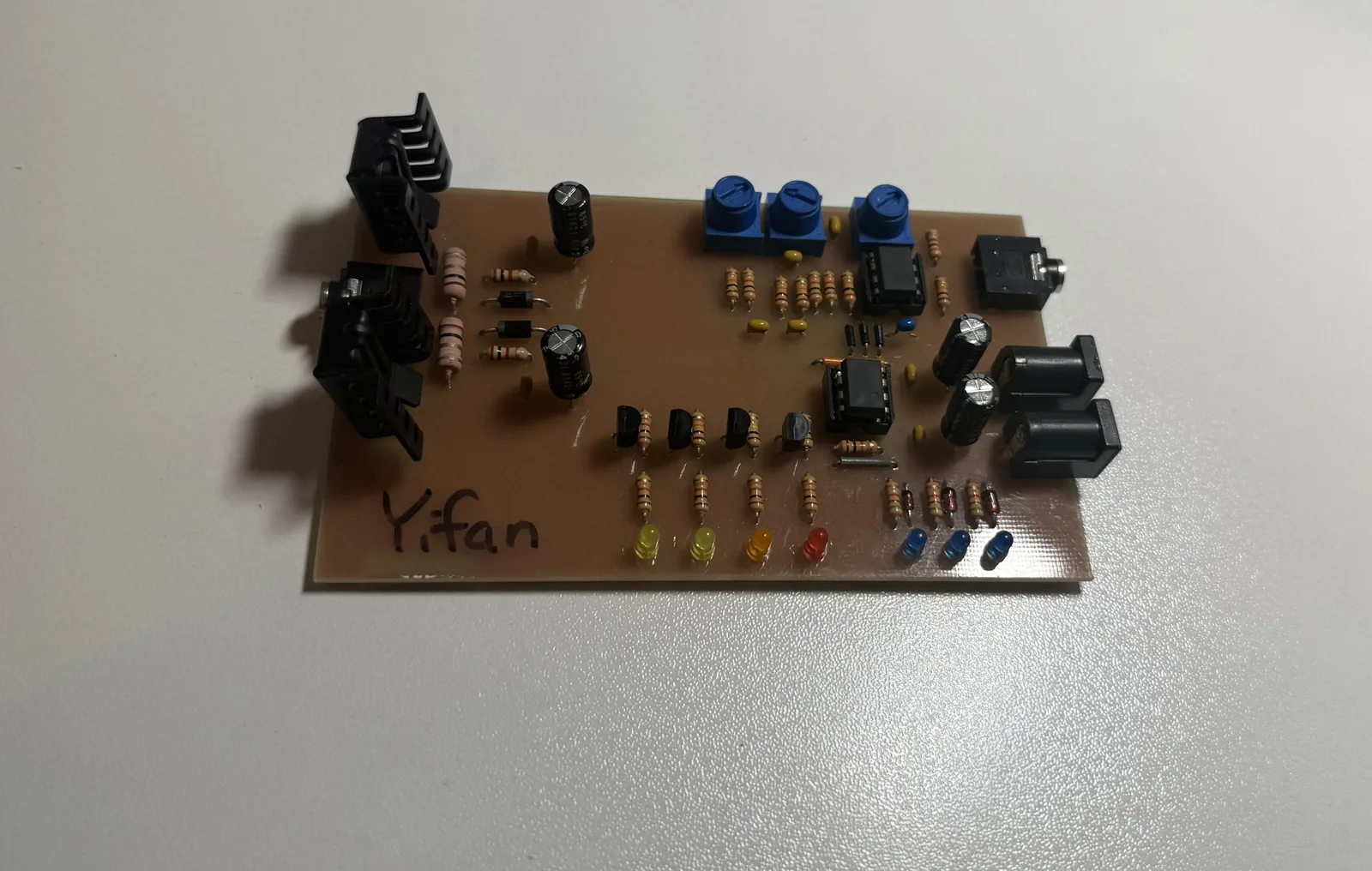 Hand-etched multi-band audio equalizer PCB with potentiometer controls